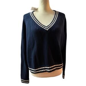 The Drop Navy V-Neck Sweater, Varsity Stripe Trim, Long Sleeve, Women’s XL NWT